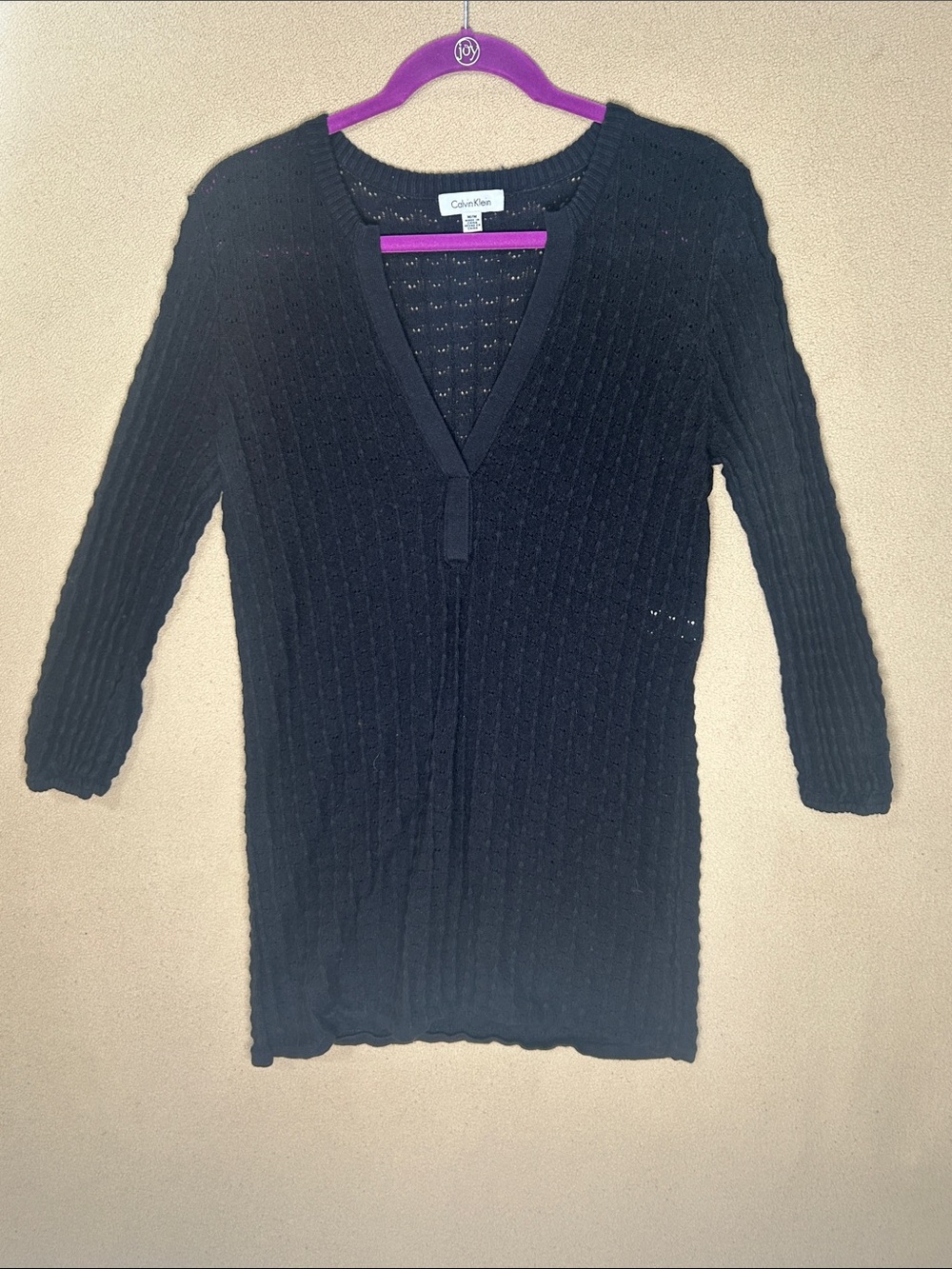 Calvin Klein Black knit crochet V-Neck Women's Sweater Size Medium
